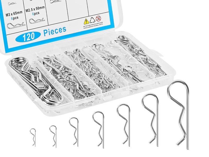 CARLWIN 120pcs Premium Cotter Pin Assortment Kit, Heavy Duty R-Shaped Cotter Pins, 7 Sizes Zinc Plated Carbon Steel Hardware Pins for Automotive, Machinery, Lawn Mowers, and DIY Projects - Image 1